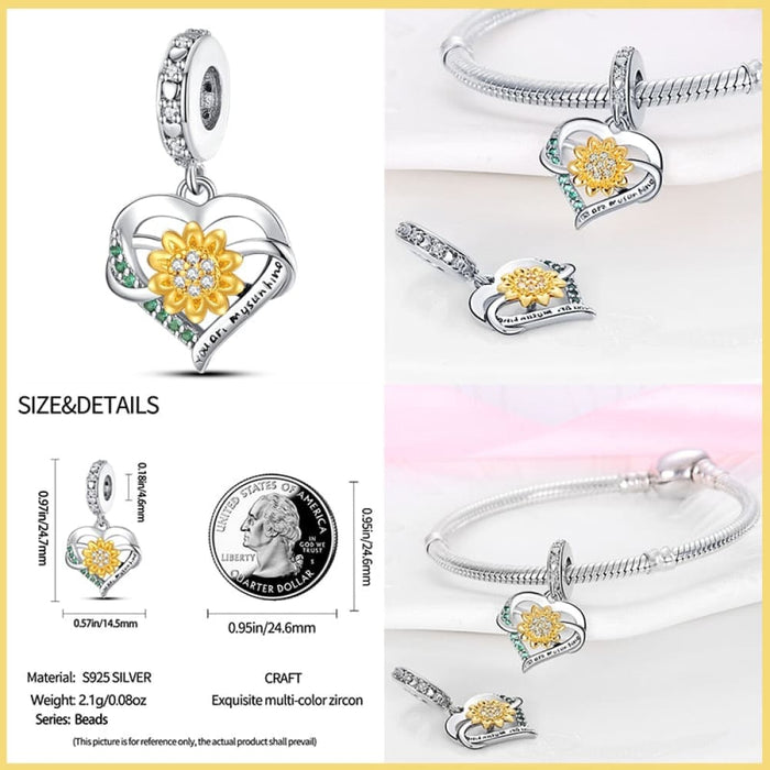 925 Sterling Silver Golden Sunflowers Heart Charms Beads Fit Pandora Bracelets Luxury Party DIY Jewelry