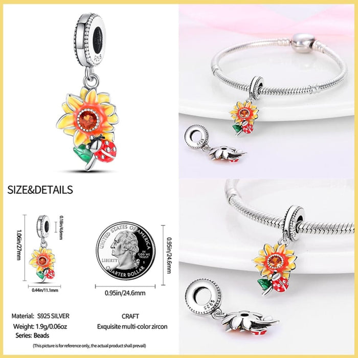 925 Sterling Silver Golden Sunflowers Heart Charms Beads Fit Pandora Bracelets Luxury Party DIY Jewelry