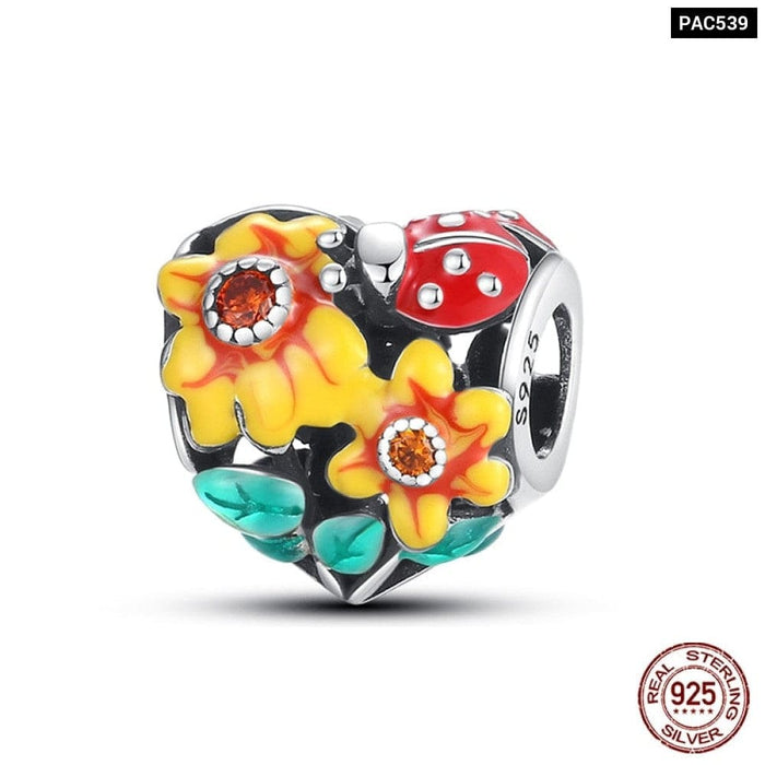 925 Sterling Silver Golden Sunflowers Heart Charms Beads Fit Pandora Bracelets Luxury Party DIY Jewelry