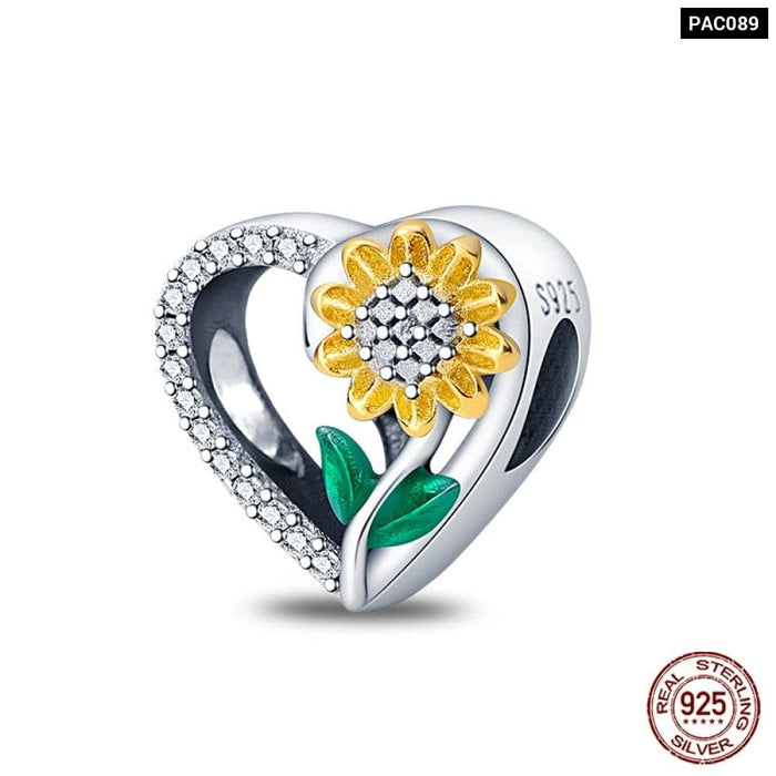 925 Sterling Silver Golden Sunflowers Heart Charms Beads Fit Pandora Bracelets Luxury Party DIY Jewelry