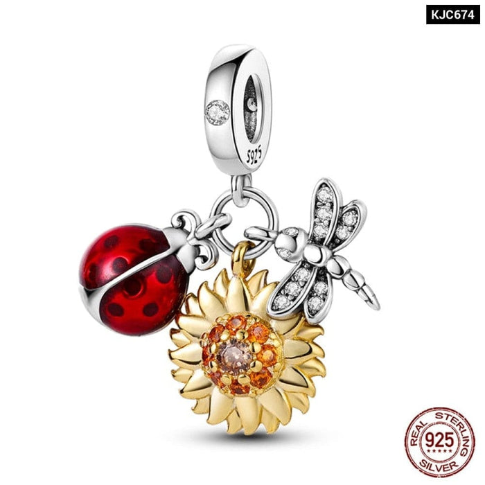 925 Sterling Silver Golden Sunflowers Heart Charms Beads Fit Pandora Bracelets Luxury Party DIY Jewelry