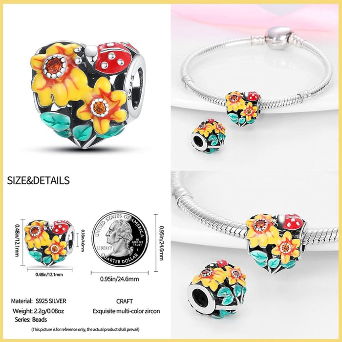 925 Sterling Silver Golden Sunflowers Heart Charms Beads Fit Pandora Bracelets Luxury Party DIY Jewelry