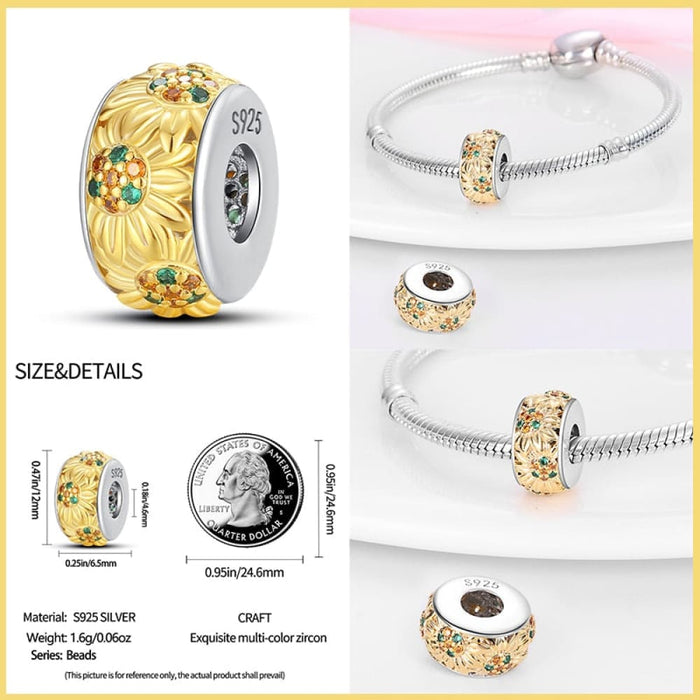 925 Sterling Silver Golden Sunflowers Heart Charms Beads Fit Pandora Bracelets Luxury Party DIY Jewelry