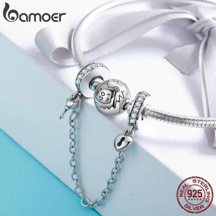 925 Sterling Silver Heart Lock And Key Dangle Safety Chain