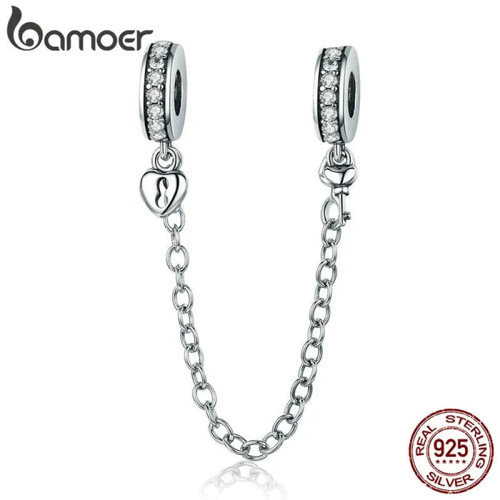 925 Sterling Silver Heart Lock And Key Dangle Safety Chain