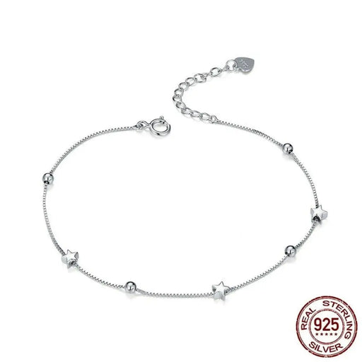 925 Sterling Silver Heart And Star Beads Chain Bracelet For