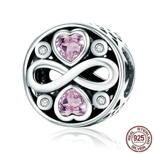 925 Sterling Silver Infinity Love Pink Heart Crystal Beads