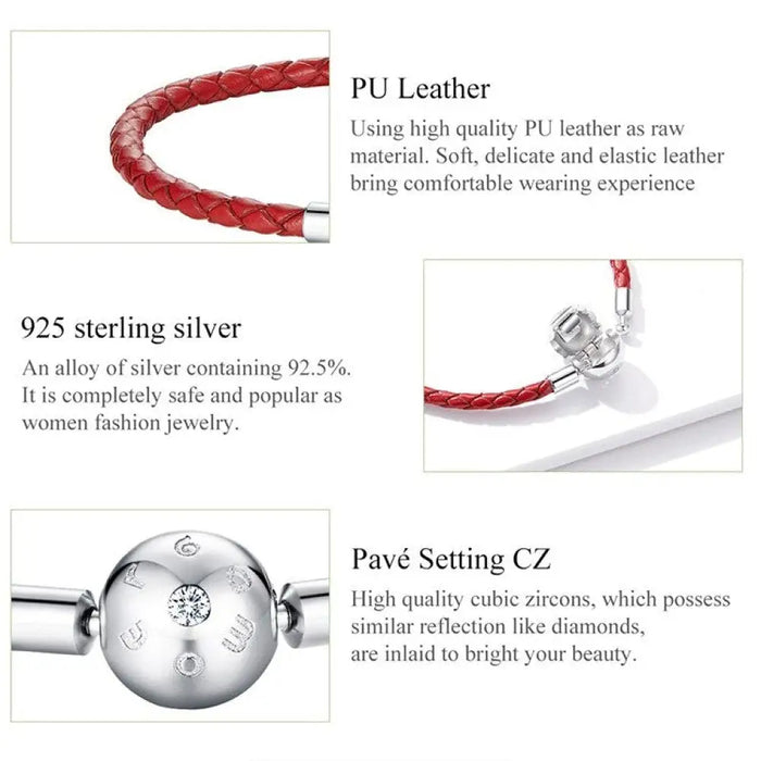 925 Sterling Silver Red Leather Rope Hole Charm Bead