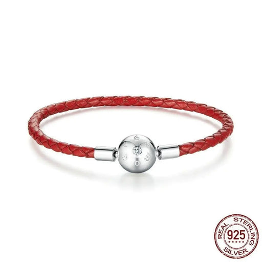 925 Sterling Silver Red Leather Rope Hole Charm Bead