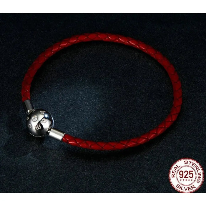 925 Sterling Silver Red Leather Rope Hole Charm Bead