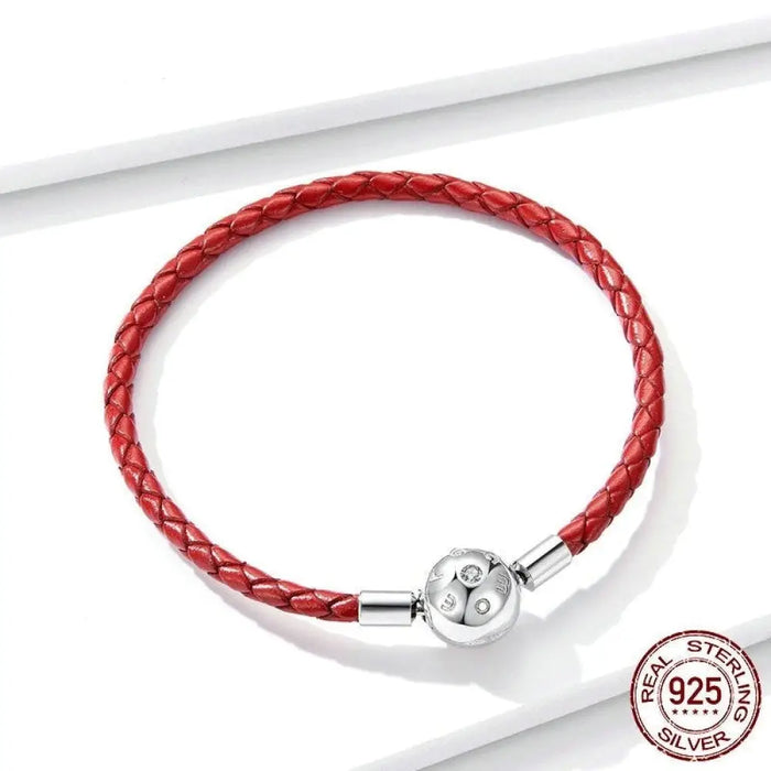 925 Sterling Silver Red Leather Rope Hole Charm Bead