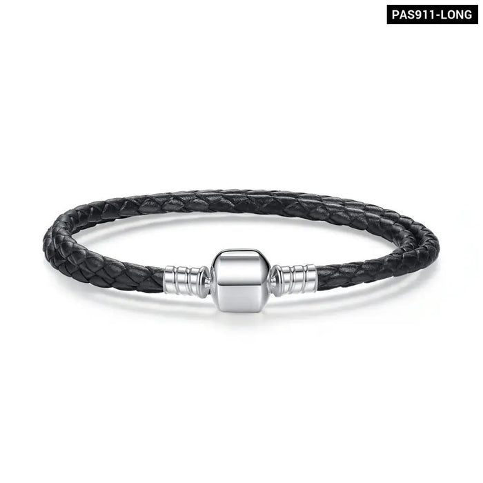 925 Sterling Silver Long Double Pink Black Braided Leather