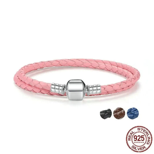 925 Sterling Silver Long Double Pink Black Braided Leather