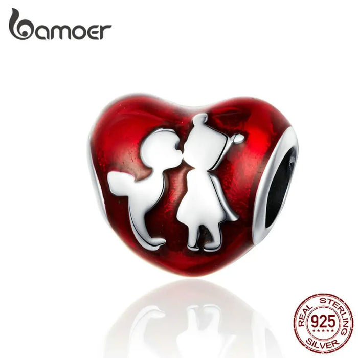 925 Sterling Silver Love Heart Ecg & Red Enamel Beads Fit