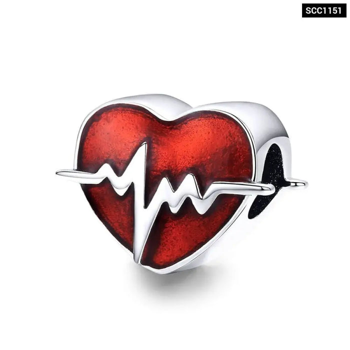 925 Sterling Silver Love Heart Ecg & Red Enamel Beads Fit