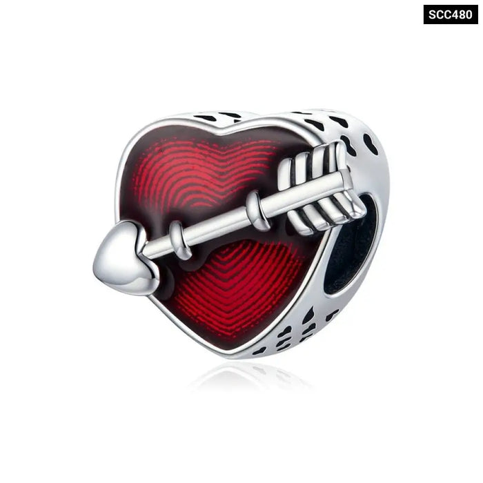 925 Sterling Silver Love Heart Ecg & Red Enamel Beads Fit