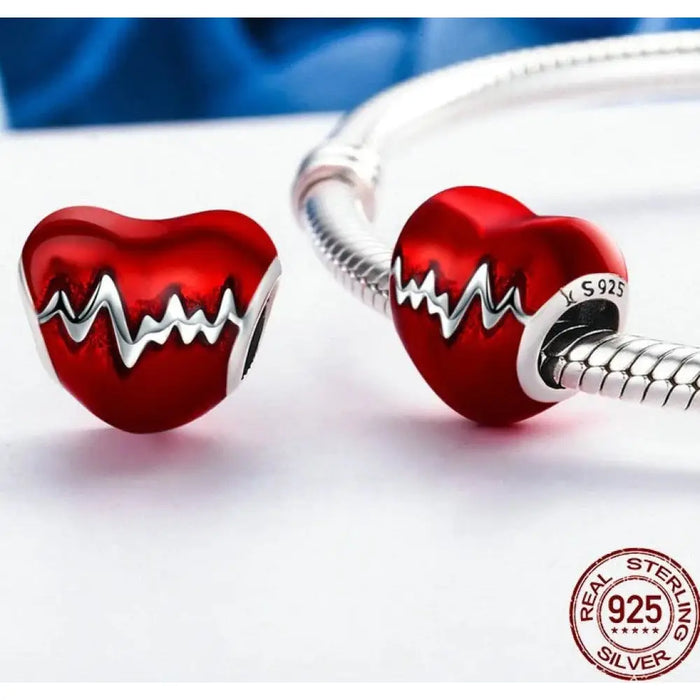 925 Sterling Silver Love Heart Ecg & Red Enamel Beads Fit