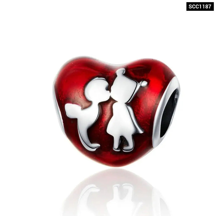 925 Sterling Silver Love Heart Ecg & Red Enamel Beads Fit