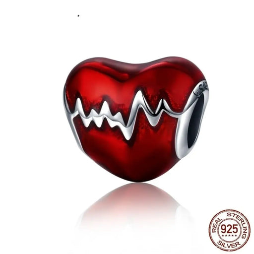 925 Sterling Silver Love Heart Ecg & Red Enamel Beads Fit