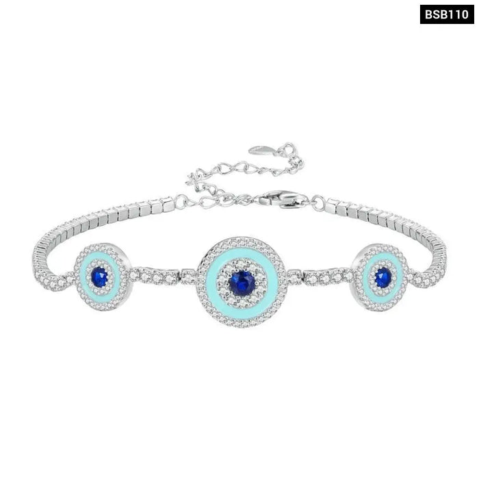 925 Sterling Silver Luxury Round Blue Evil Eyes Clear Cubic