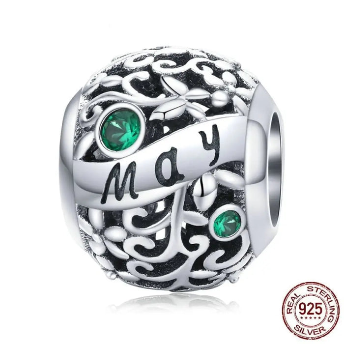 925 Sterling Silver Month Stone Round Beads Fit Women Charm