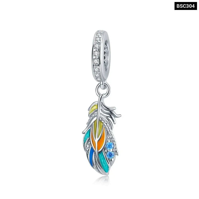 925 Sterling Silver Multicolour Enamel Peacock Feather