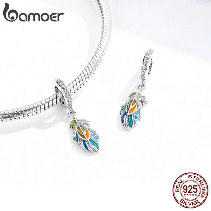 925 Sterling Silver Multicolour Enamel Peacock Feather