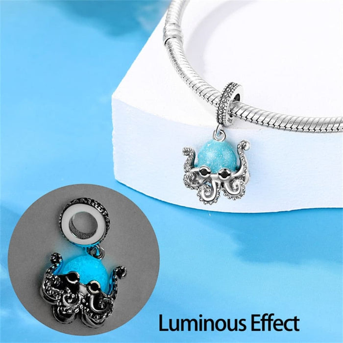 925 Sterling Silver Ocean Luminous Sea Turtle Dolphin Octopus Charms Beads Fit Pandora Original Bracelets DIY Jewelry