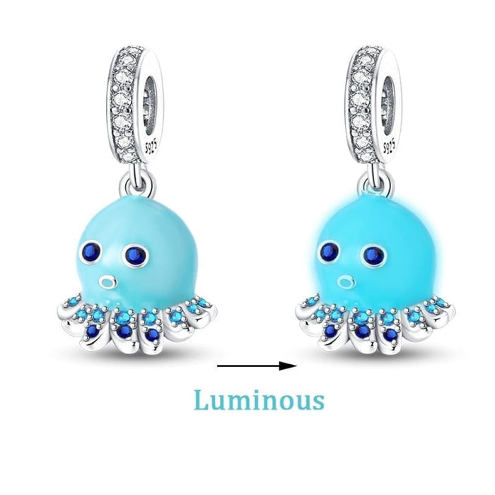 925 Sterling Silver Ocean Luminous Sea Turtle Dolphin Octopus Charms Beads Fit Pandora Original Bracelets DIY Jewelry