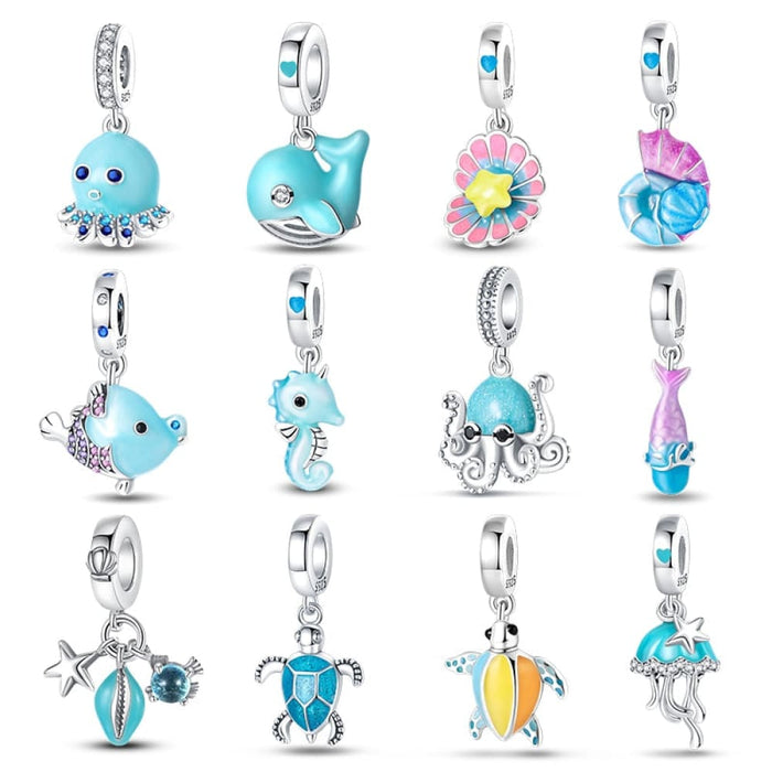 925 Sterling Silver Ocean Luminous Sea Turtle Dolphin Octopus Charms Beads Fit Pandora Original Bracelets DIY Jewelry