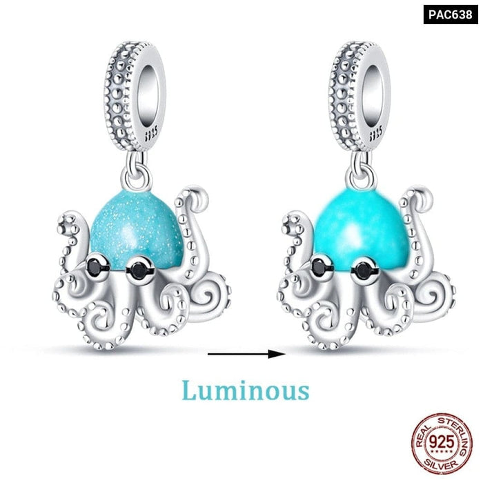 925 Sterling Silver Ocean Luminous Sea Turtle Dolphin Octopus Charms Beads Fit Pandora Original Bracelets DIY Jewelry