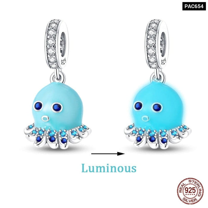 925 Sterling Silver Ocean Luminous Sea Turtle Dolphin Octopus Charms Beads Fit Pandora Original Bracelets DIY Jewelry