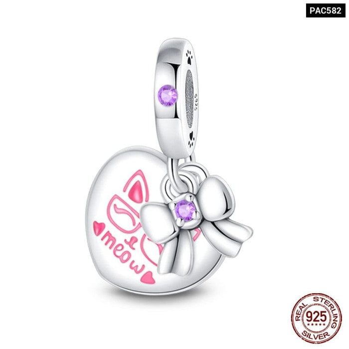 925 Sterling Silver Pink Cute Cat Paw Charms Beads Fit