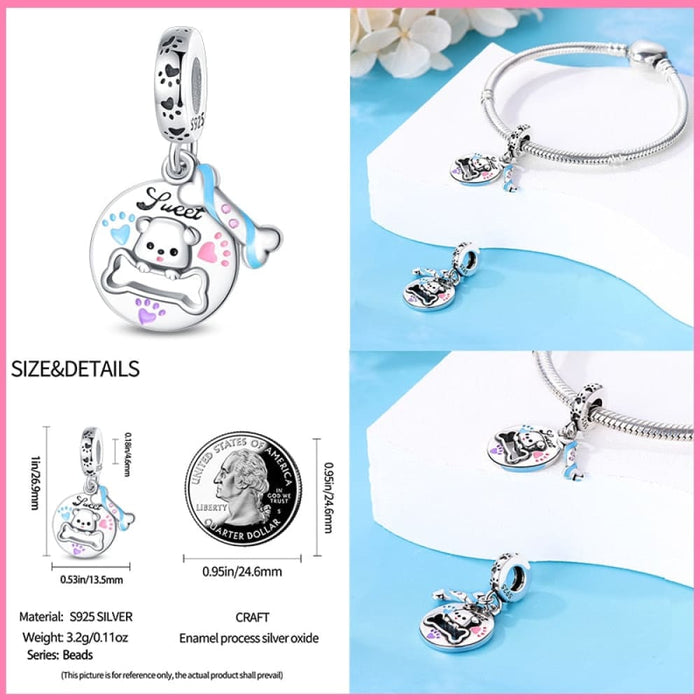 925 Sterling Silver Pink Cute Cat Paw Charms Beads Fit