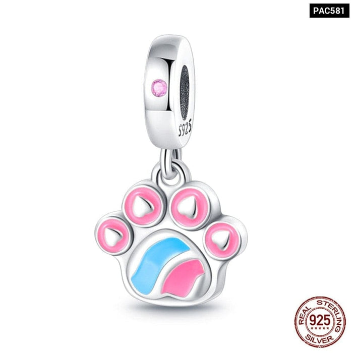 925 Sterling Silver Pink Cute Cat Paw Charms Beads Fit