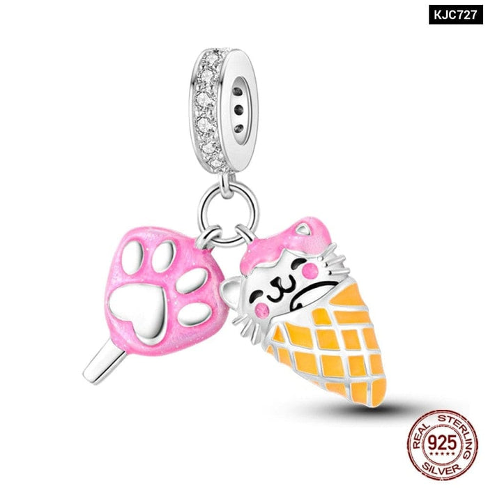 925 Sterling Silver Pink Cute Cat Paw Charms Beads Fit