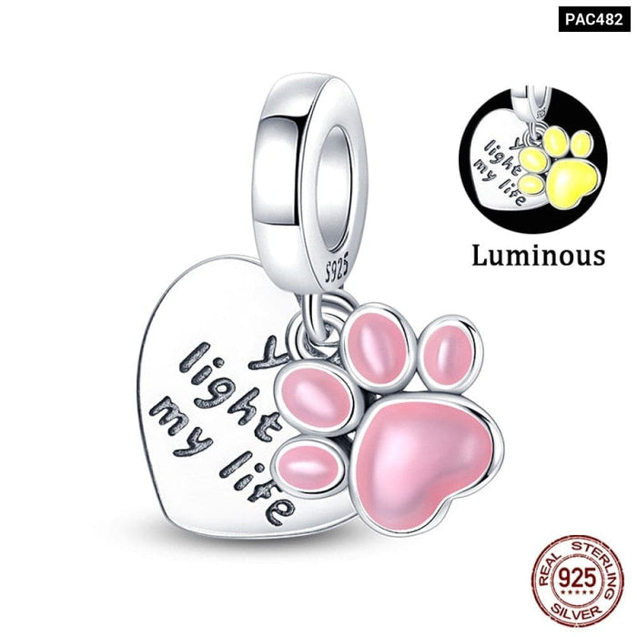 925 Sterling Silver Pink Cute Cat Paw Charms Beads Fit