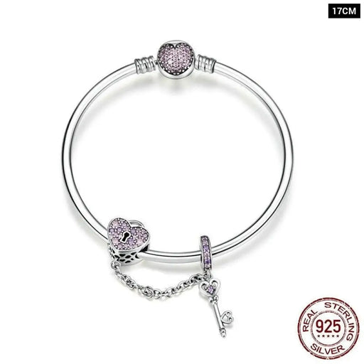 925 Sterling Silver Pink Heart Lock And Key Bracelet Bangle