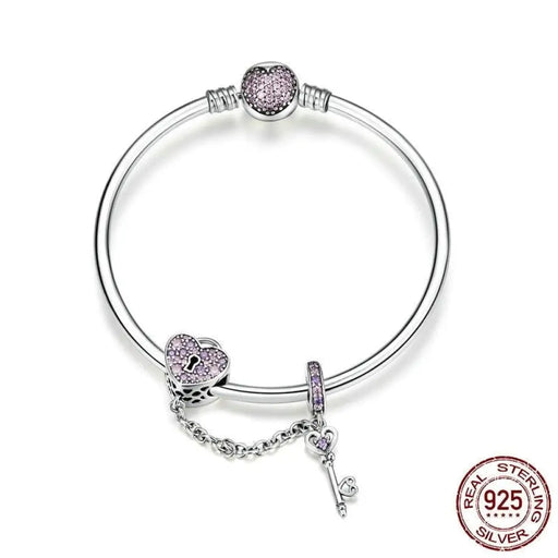 925 Sterling Silver Pink Heart Lock And Key Bracelet Bangle