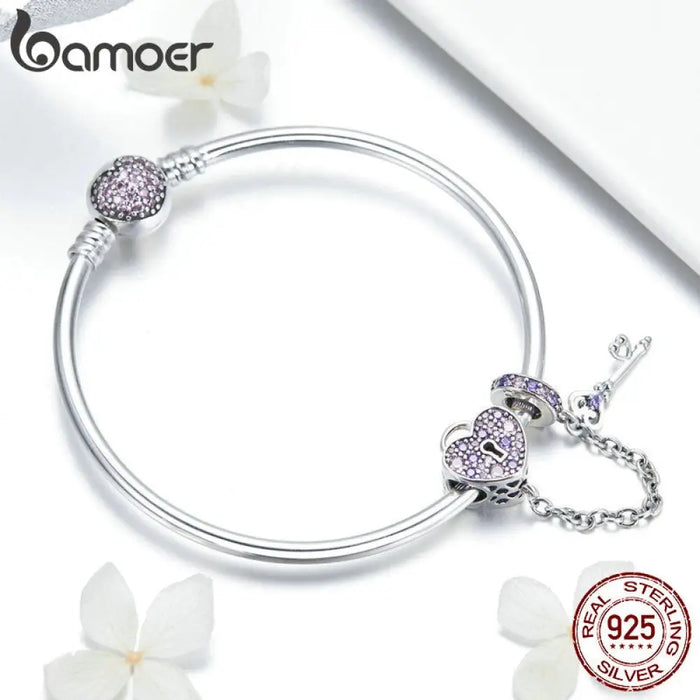 925 Sterling Silver Pink Heart Lock And Key Bracelet Bangle