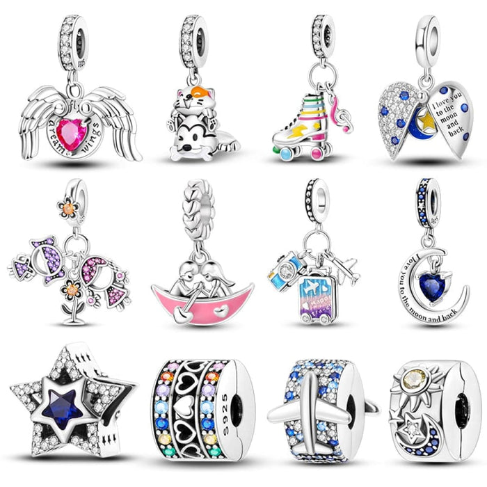 925 Sterling Silver Pink Heart Wings Skating Shoe Aircraft Camera Charms Beads Pendant Fit Pandora Bracelet Jewelry