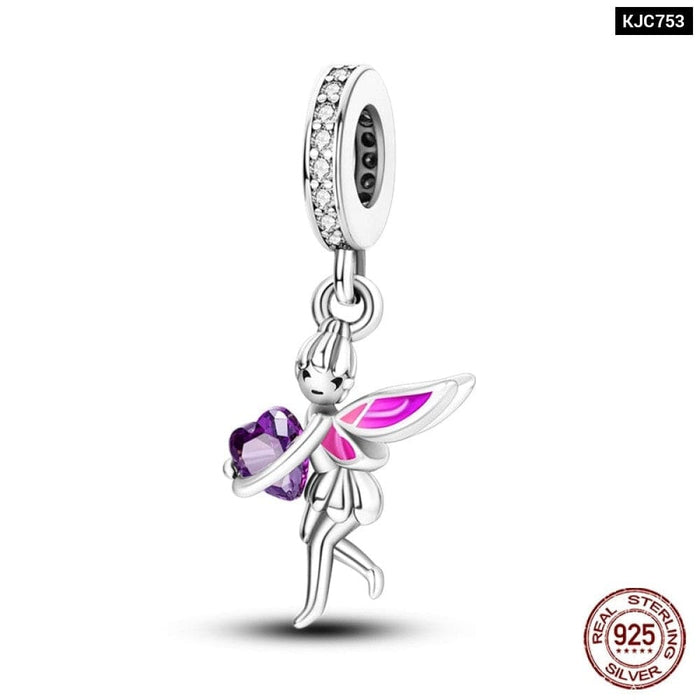 925 Sterling Silver Pink Heart Wings Skating Shoe Aircraft Camera Charms Beads Pendant Fit Pandora Bracelet Jewelry