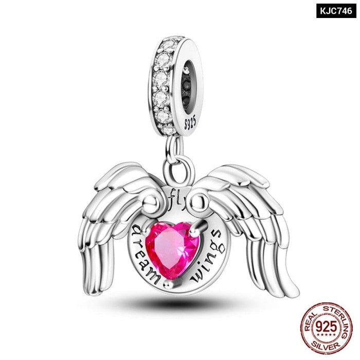 925 Sterling Silver Pink Heart Wings Skating Shoe Aircraft Camera Charms Beads Pendant Fit Pandora Bracelet Jewelry