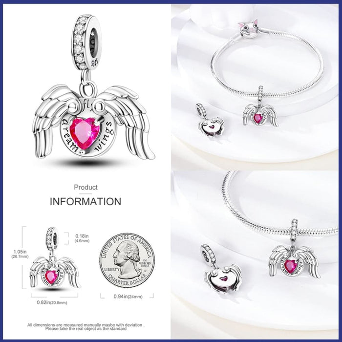 925 Sterling Silver Pink Heart Wings Skating Shoe Aircraft Camera Charms Beads Pendant Fit Pandora Bracelet Jewelry