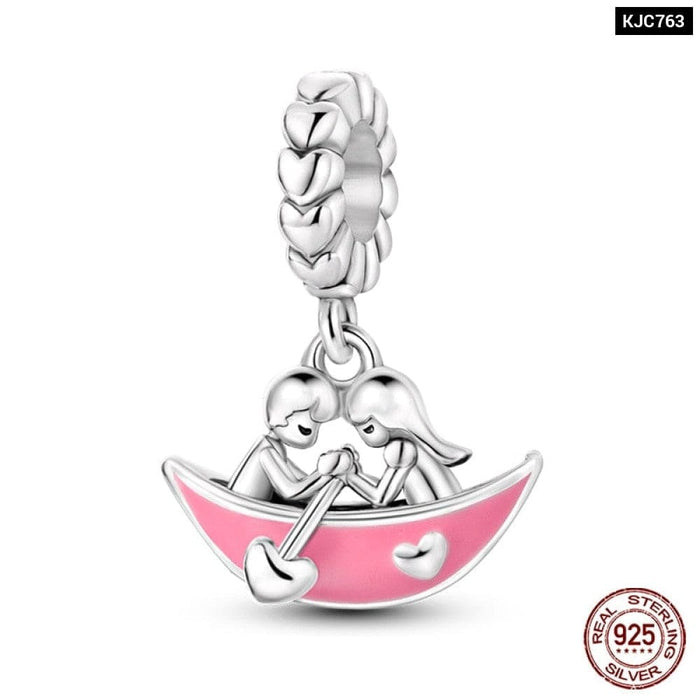 925 Sterling Silver Pink Heart Wings Skating Shoe Aircraft Camera Charms Beads Pendant Fit Pandora Bracelet Jewelry