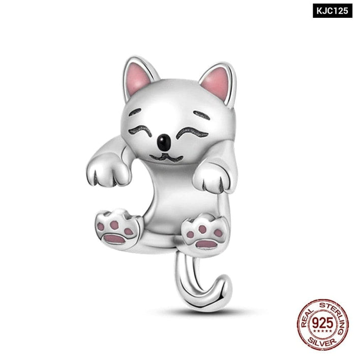 925 Sterling Silver Pink Rabbit Cat Dog Animal Charms Beads Fit Pandora Bracelets DIY Jewelry Making