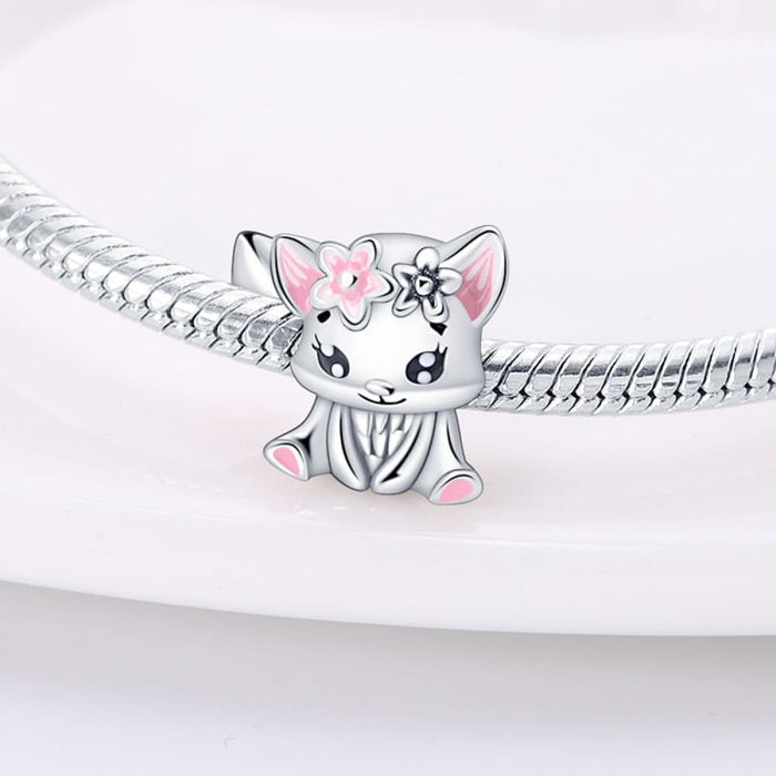 925 Sterling Silver Pink Rabbit Cat Dog Animal Charms Beads Fit Pandora Bracelets DIY Jewelry Making