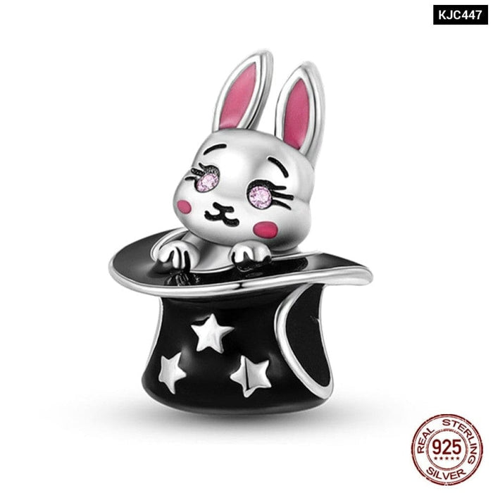 925 Sterling Silver Pink Rabbit Cat Dog Animal Charms Beads Fit Pandora Bracelets DIY Jewelry Making