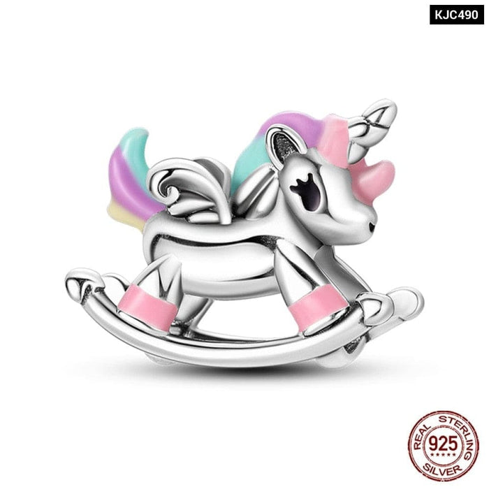 925 Sterling Silver Pink Rabbit Cat Dog Animal Charms Beads Fit Pandora Bracelets DIY Jewelry Making