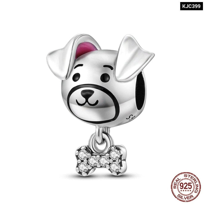 925 Sterling Silver Pink Rabbit Cat Dog Animal Charms Beads Fit Pandora Bracelets DIY Jewelry Making